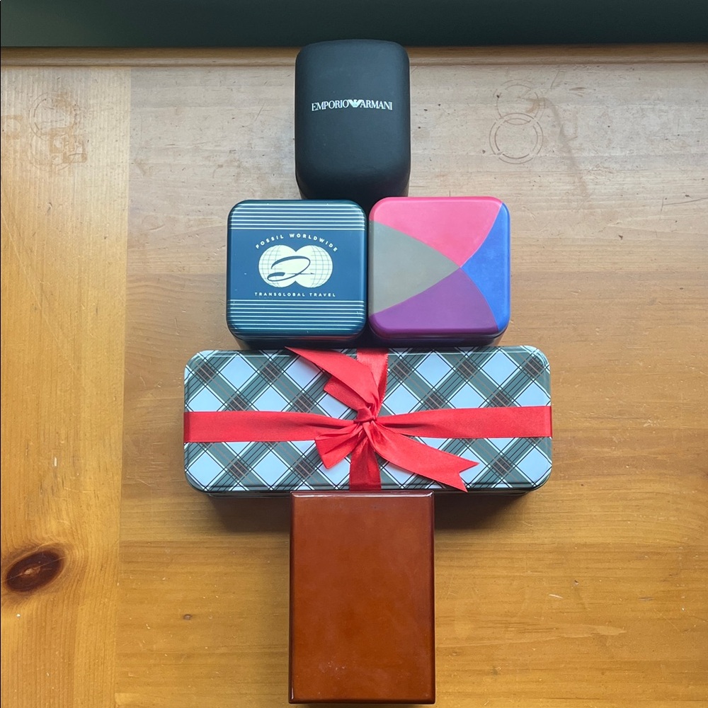 Fossil, Emporio Armani, Brown Watch Box, and Gift Tin